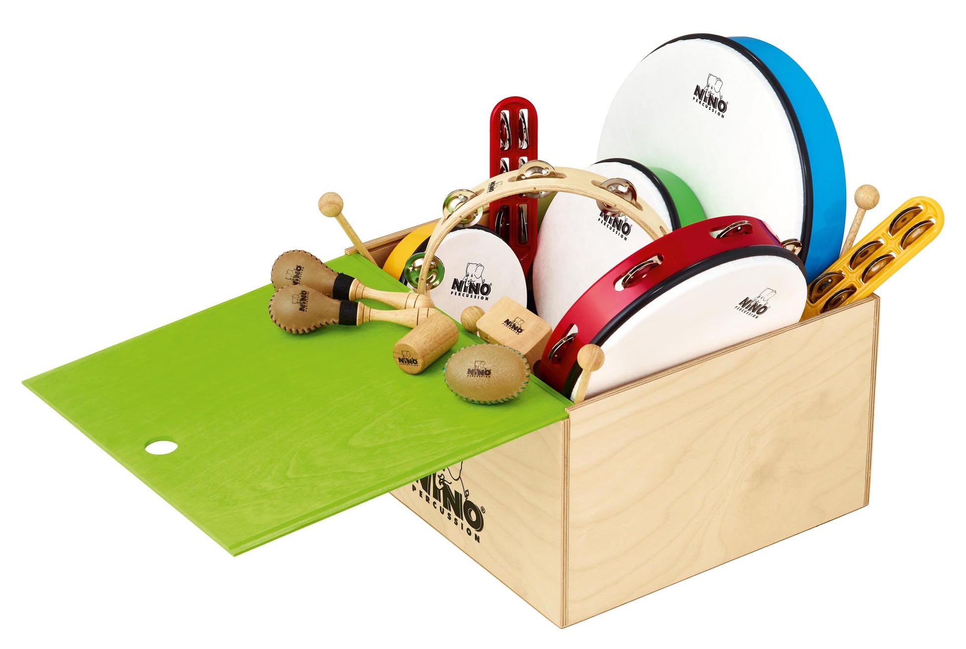Lot de 12 petites percussions dans un coffre en bois