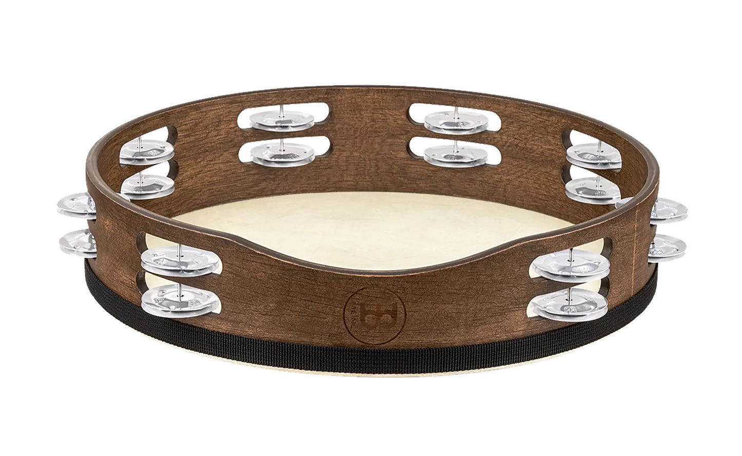 TAMBOURIN MEINL BOIS AMBURELLO, CORPS EN BOIS, PEAU DE CHÈVRE SELECTIONNEE A LA MAIN, 2 RANGÉES DE CYMBALETTES EN ALUMINIUM,
