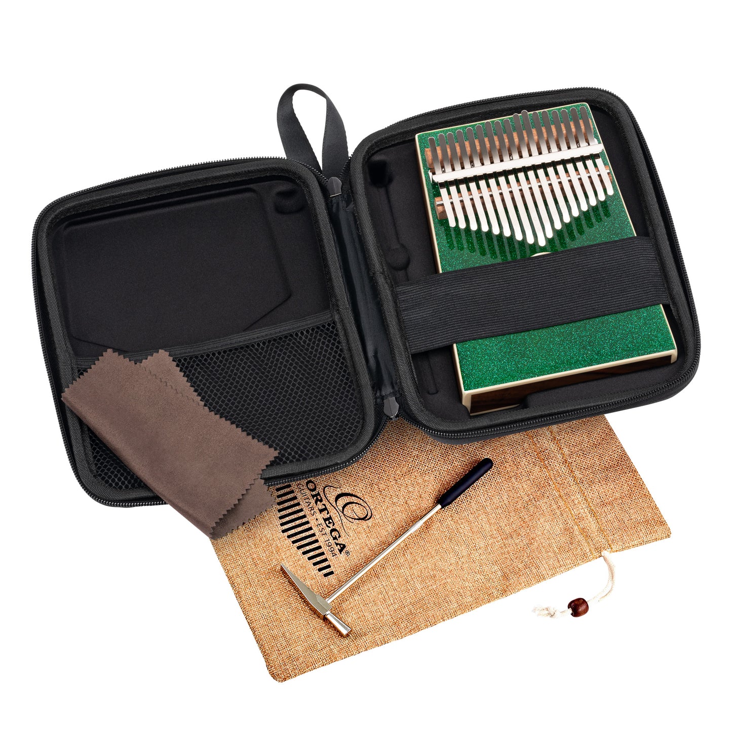 OKB4-MGR, kalimba Ortega série Acoustic, 17 notes en DO majeur, acacia massif, housse, vert