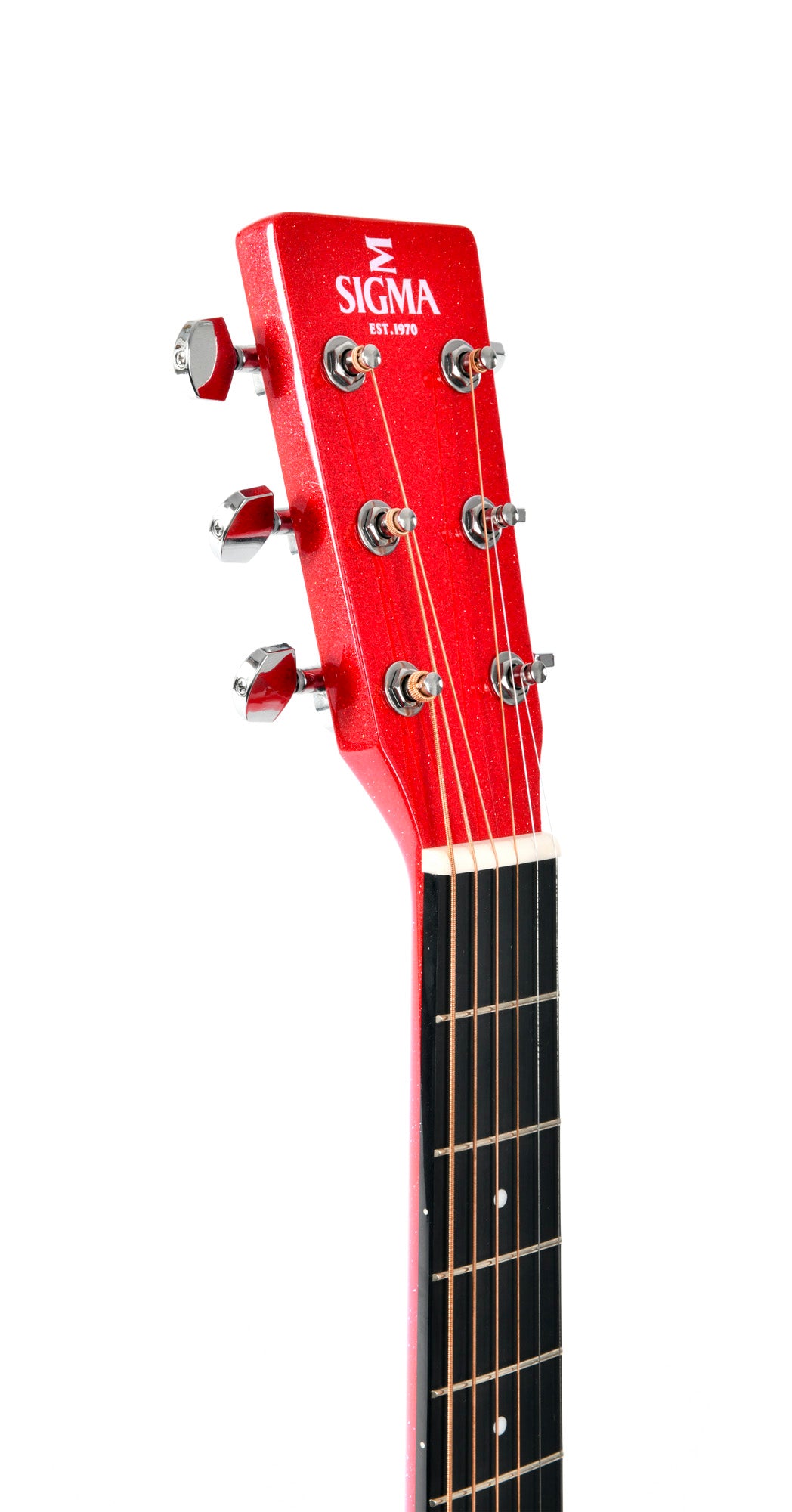 Modèle GMC-1E, Grand OM pan coupé, table épicéa massif, f/e acajou, touche micarta, EQ Fishman, rouge pailleté