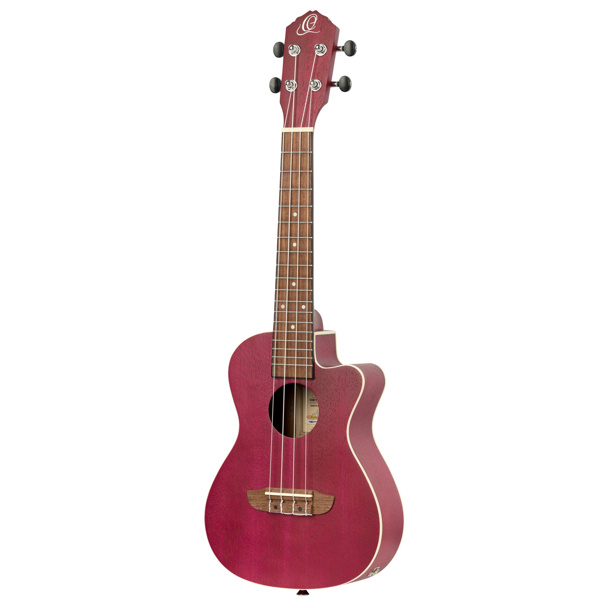 RURUBY-CE, modèle Concert pan coupé, EQ Ortega MagusUke, table okoumé, fond & éclisses okoumé, rouge rubis satiné