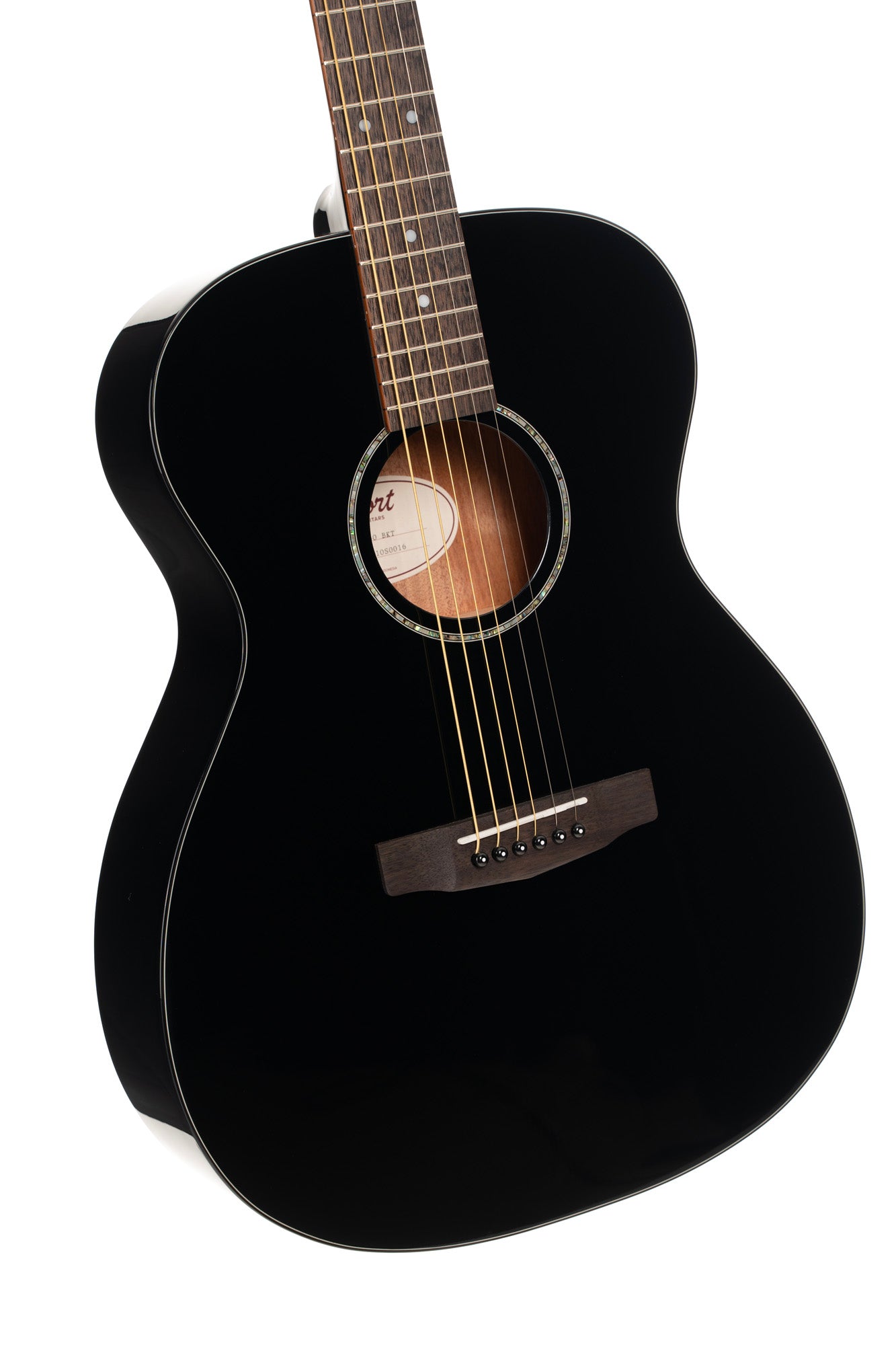 L60, forme Orchestra Model, table épicéa massif, fond & éclisses acajou, touche laurier, noir brillant