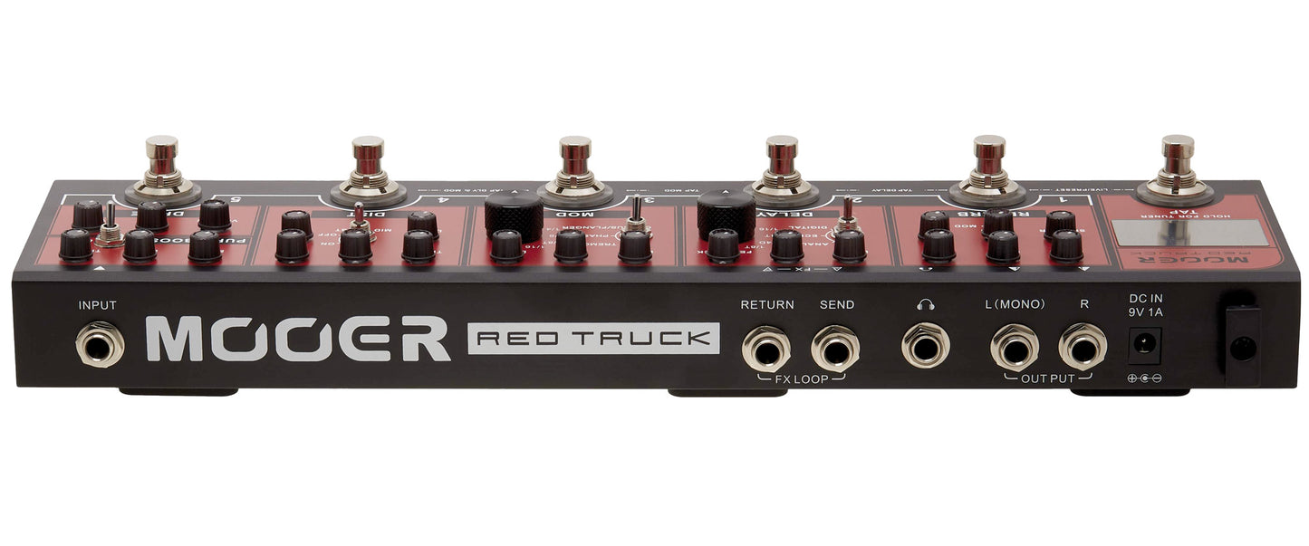 Pédalier RED TRUCK, 6 pédales d'effet (Boost, Overdrive, Distorsion, Modulation, Délai, Réverb), rouge