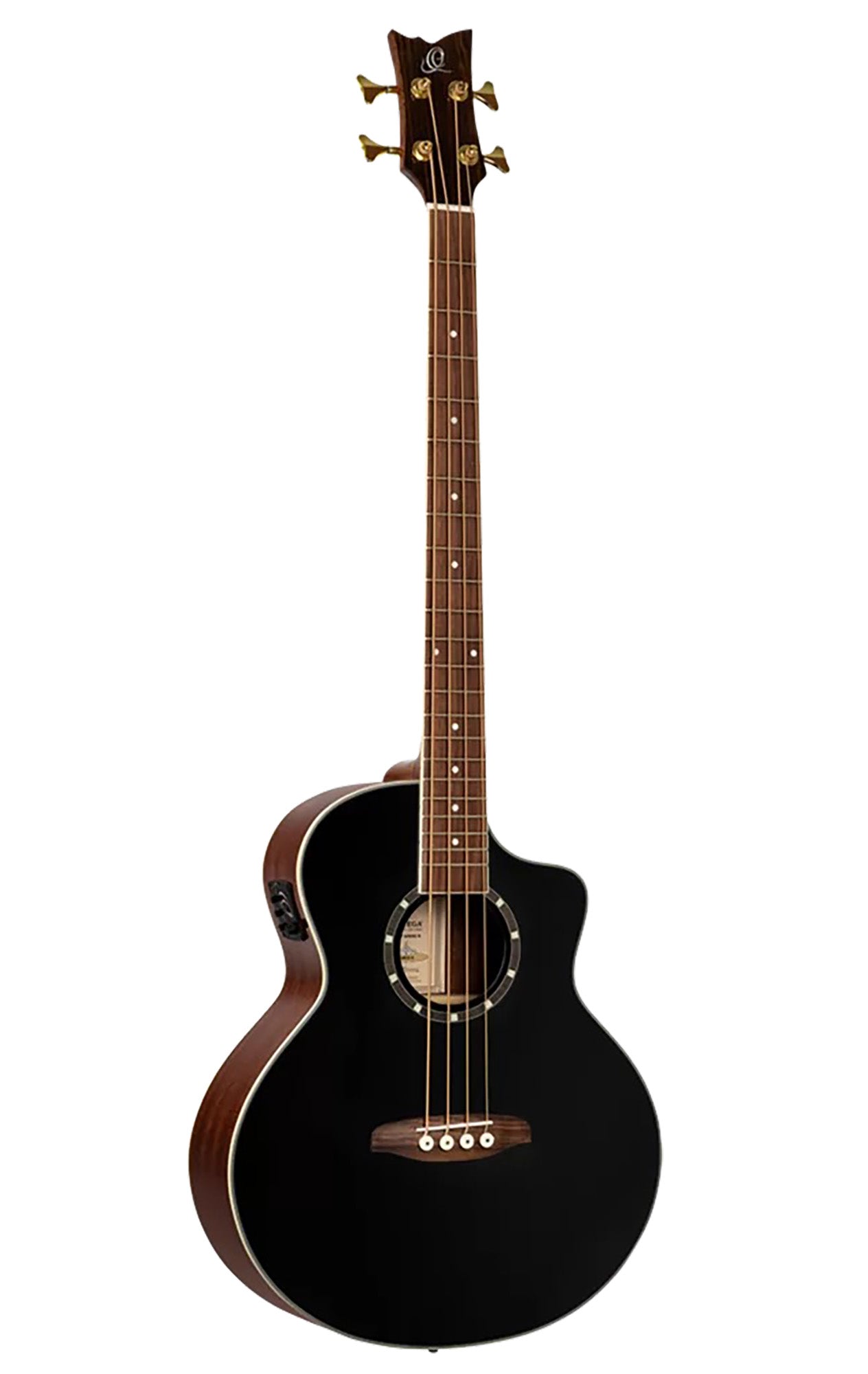 D8CE-4, basse 4 cordes, pan coupé, EQ Ortega MagusPro, table épicéa, f/e acajou, manche acajou, noir brillant