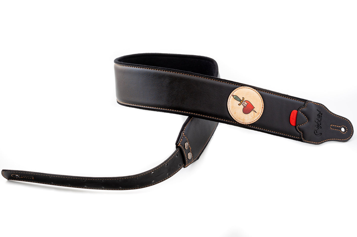 Courroie modèle TATOO HEART, extérieur synthétique, largeur 7 cm, longueur 98 à 153 cm, porte-médiators intégré, noir