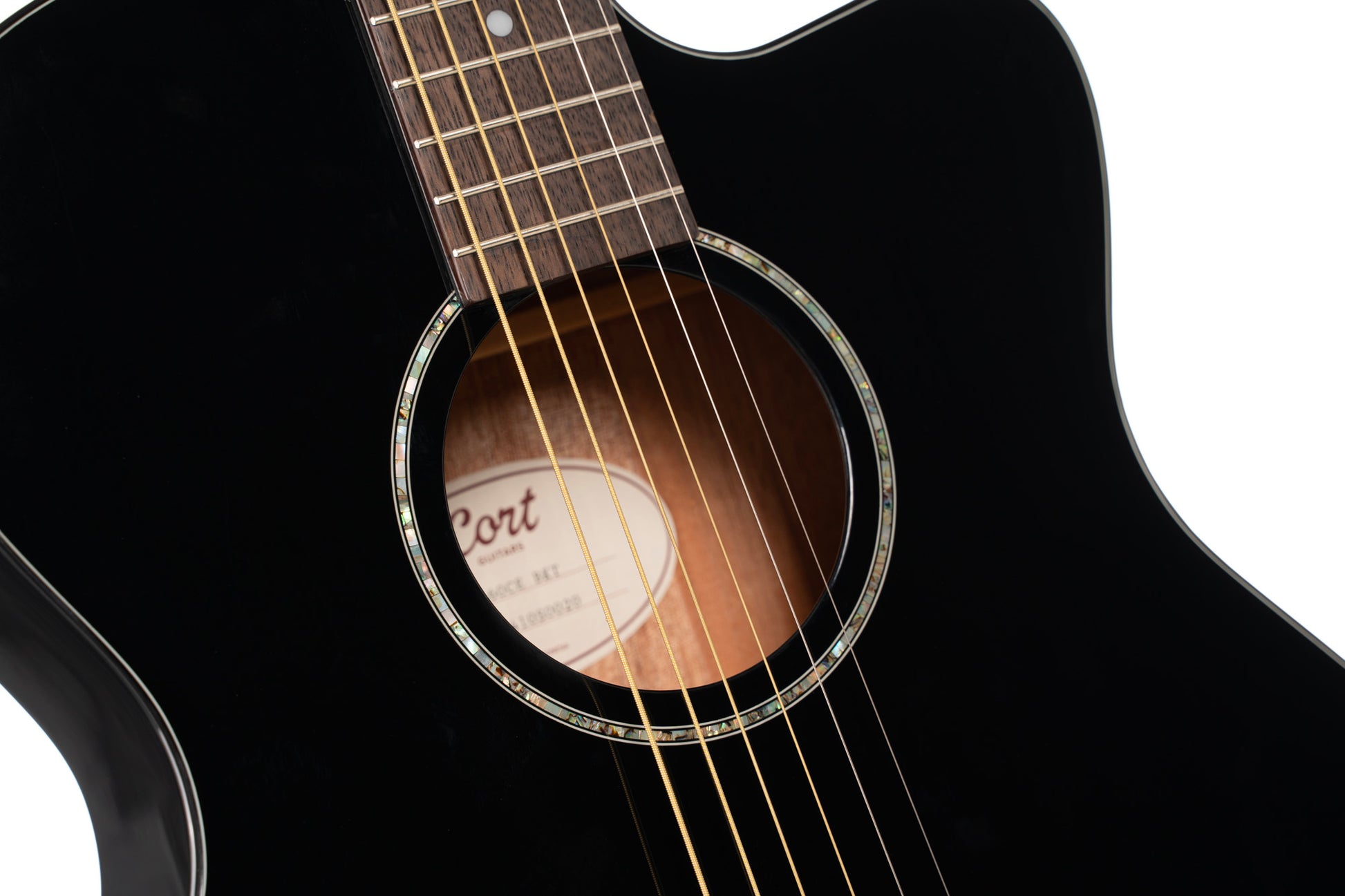 L60, forme Orchestra Model, pan coupé, table épicéa massif, fond & éclisses acajou, touche laurier, EQ CE304T, noir brillant