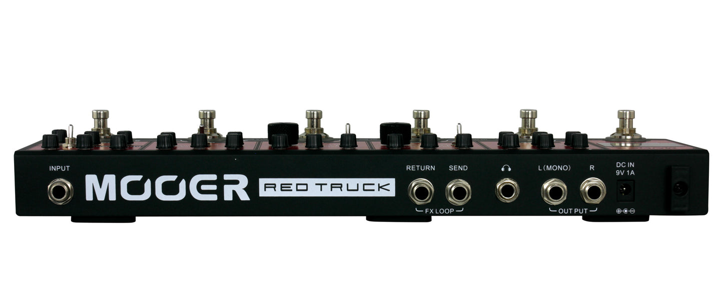 Pédalier RED TRUCK, 6 pédales d'effet (Boost, Overdrive, Distorsion, Modulation, Délai, Réverb), rouge
