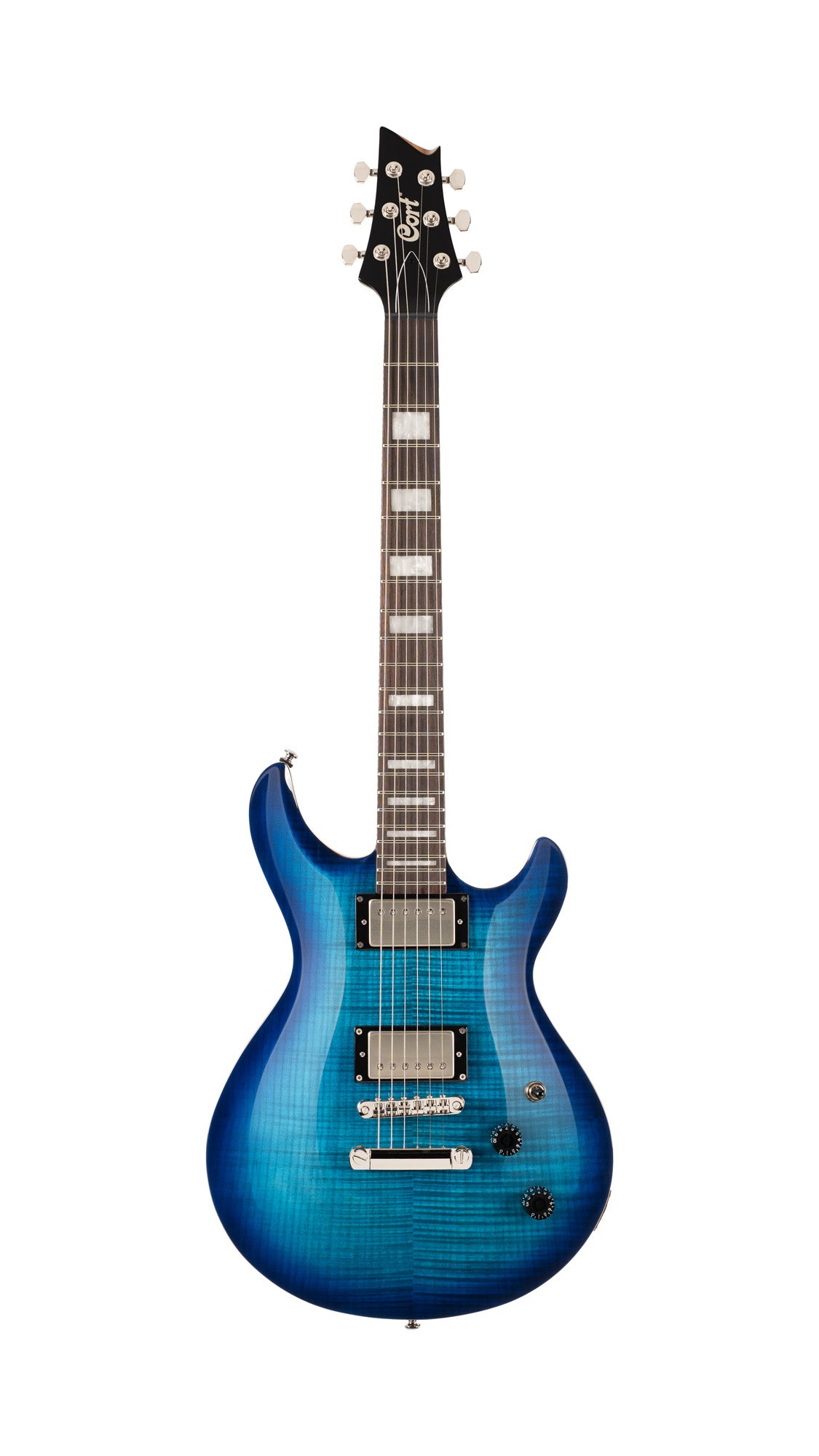 M600, corps acajou, placage érable flammé, manche collé acajou, 2 micros doubles Cort Voiced Tone VTH-59, blue burst