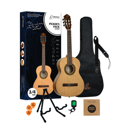 Ortega Picker Pack : guitare 3/4 avec table épicéa, housse, support, accordeur, sangle, jeu de cordes et médiators, naturel