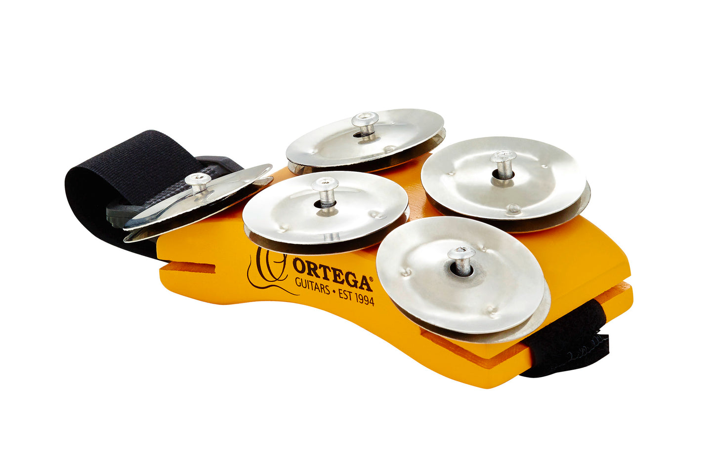 Tambourin au pied pour chanteur guitariste, hévéa, 5 paires de cymbalettes acier, design ergonomique, montage facile, orange