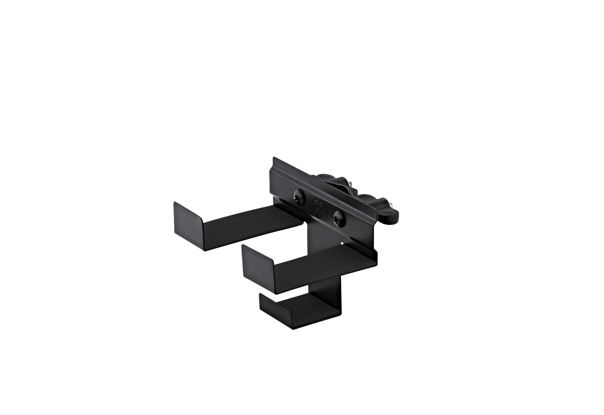 Support tambourin et shakers, 3 crochets, protections caoutchouc, avec attache, acier noir poudré