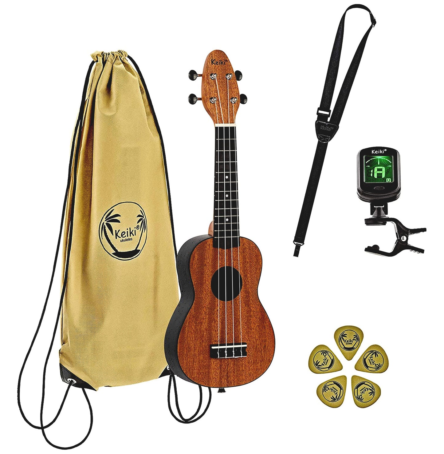 K2-MAH, pack ukulélé Soprano, table acajou, corps ABS galbé, manche okoumé, 12 frettes, accessoires