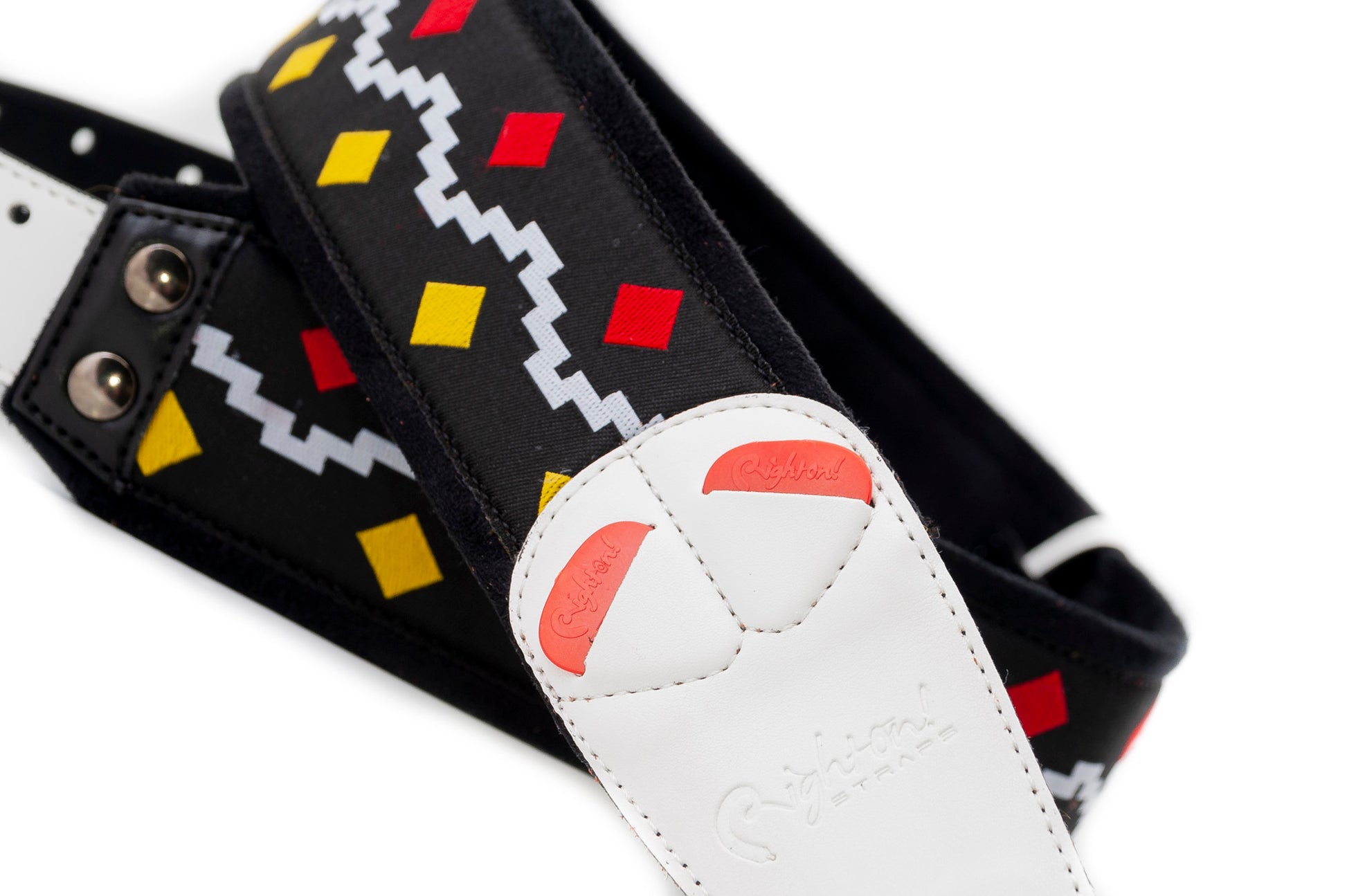 Courroie modèle GET BACK FR, extérieur synthétique et tissu, largeur 6 cm, longueur 100 à 145 cm, porte-médiators, noir et blanc