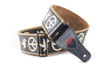 Courroie modèle LEGEND PEACE&DOVES, synthétique, largeur 6 cm, longueur 90 à 150 cm, porte-médiators intégré, noir