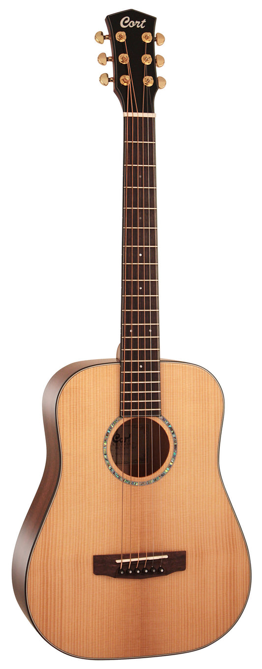 GOLD-MINI, forme Dreadnought 3/4, table épicéa massif torréfié, f/e acajou massif, avec housse, naturel brillant