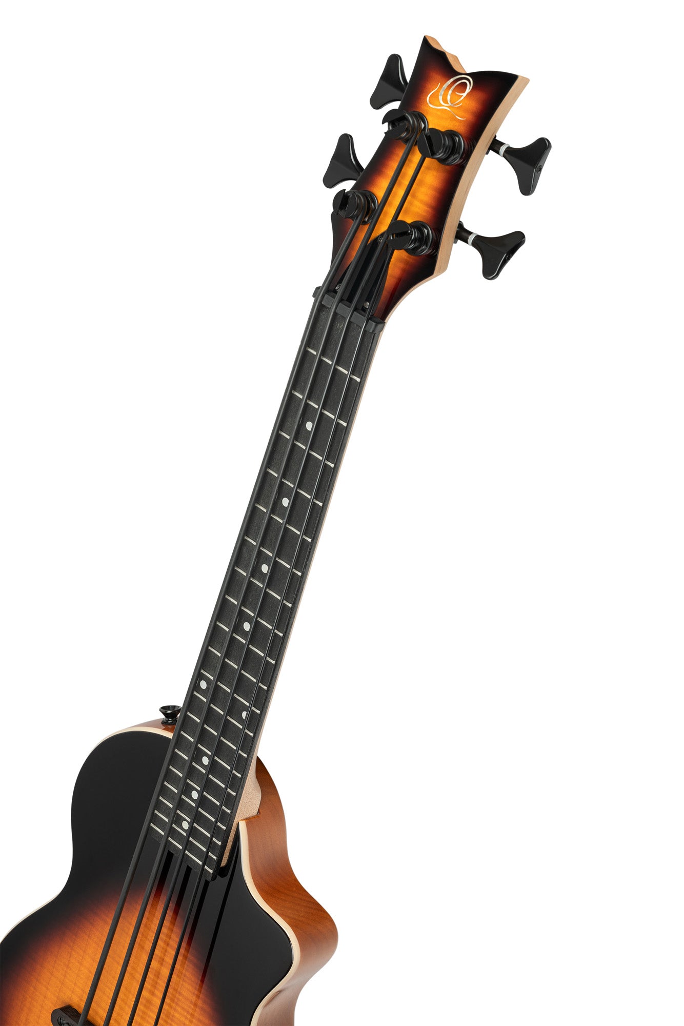 NEO-BS-TSB, modèle Ukebass, pan coupé, EQ MagusExpress, table érable flammé, corps okoumé, manche érable, housse, tobacco burst