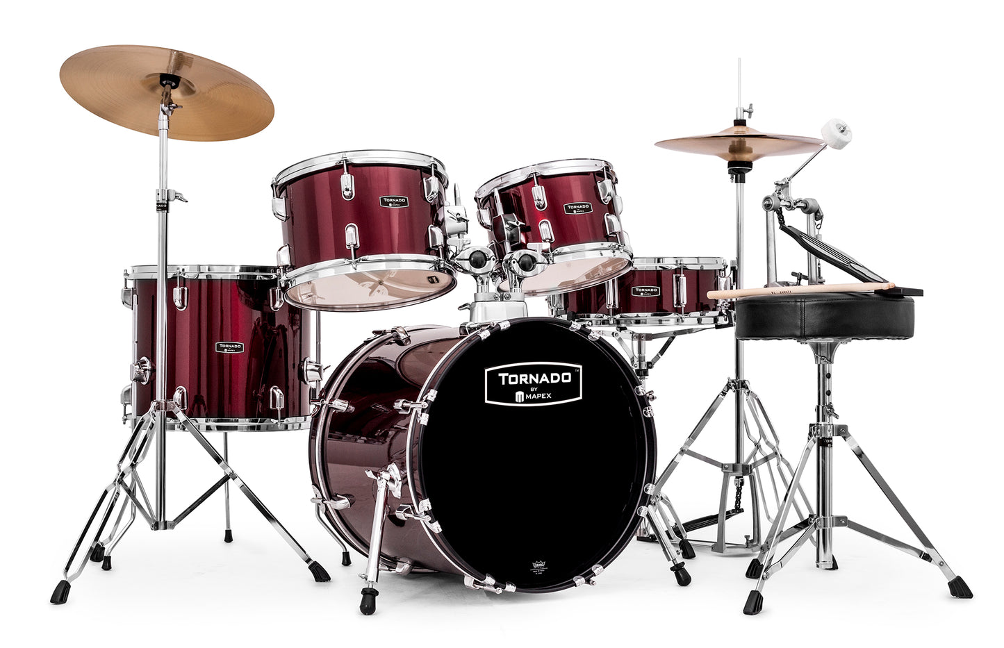 Batterie Tornado Jazz, 5 fûts en tilleul, avec accessoires, Bordeaux, accastillage chrome