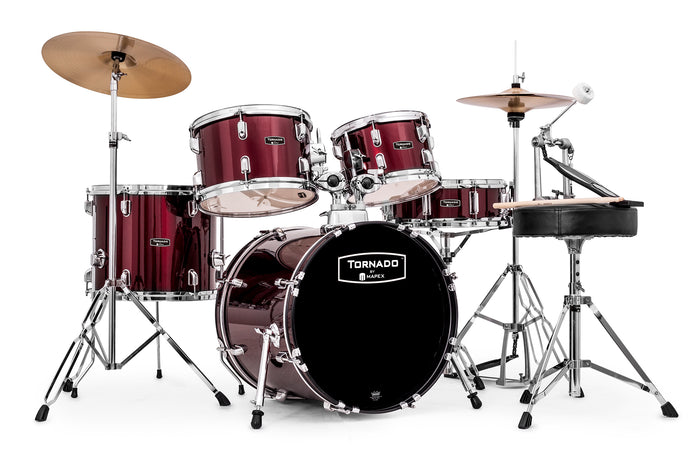 Batterie Tornado Jazz, 5 fûts en tilleul, avec accessoires, Bordeaux, accastillage chrome