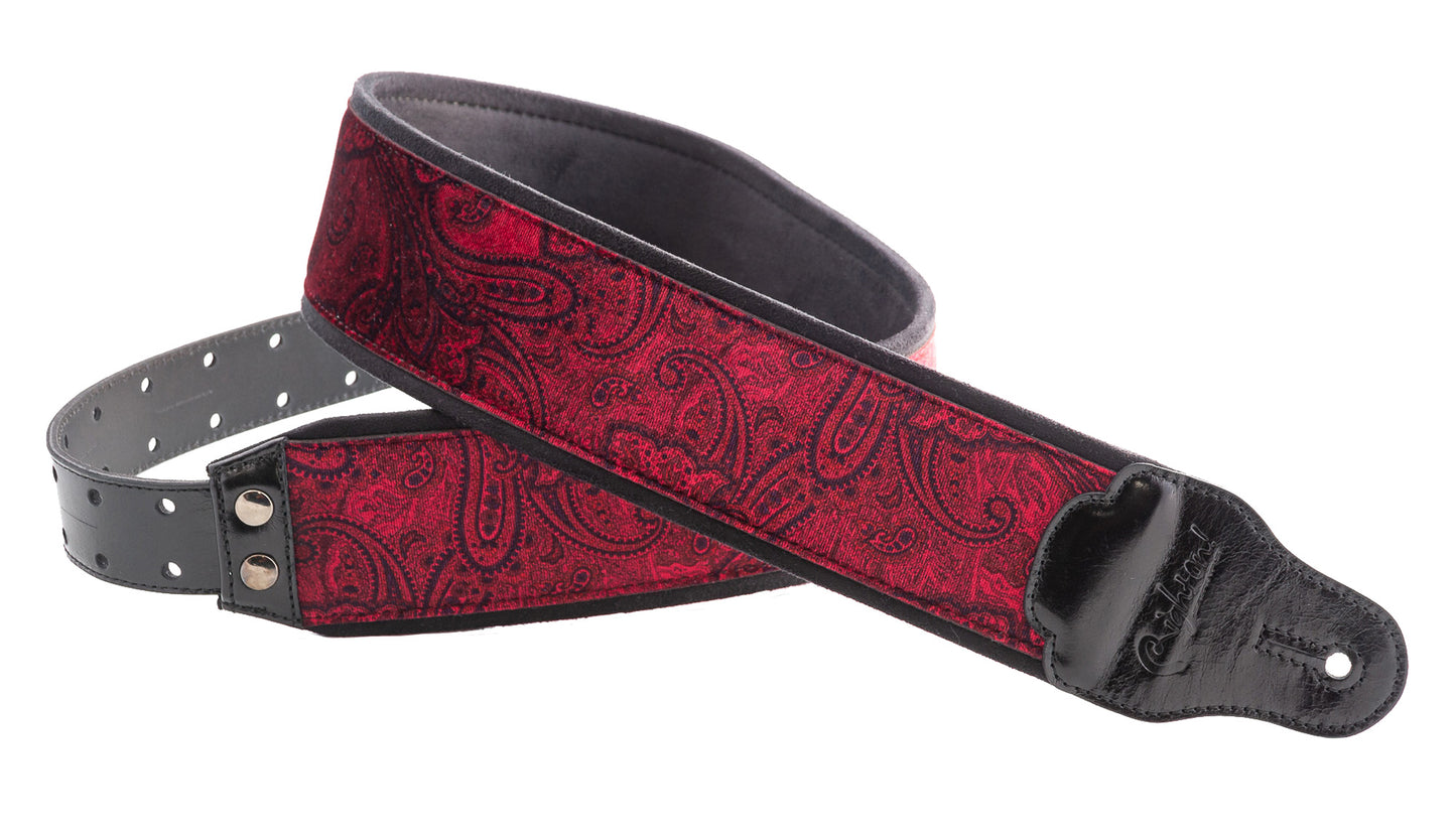Courroie modèle J-PAISLEY, extérieur velours, largeur 7 cm, longueur 95 à 150 cm, porte-médiators intégré, rouge