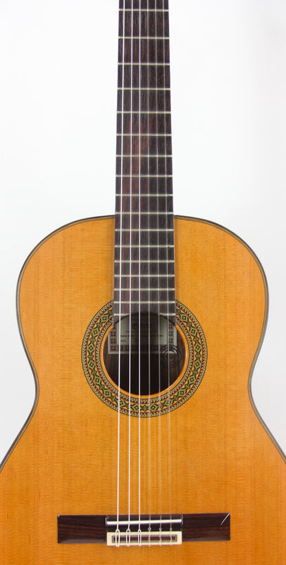 MOD.7, table cèdre massif, fond & éclisses palissandre, touche palissandre, satiné, table brillante