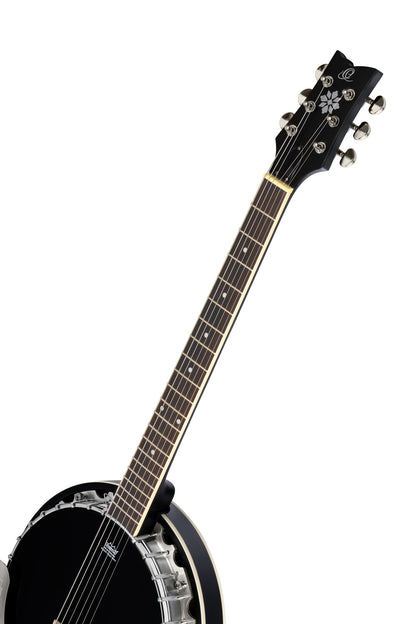 OBJ3506, banjo 6 cordes, 30 tirants, cercle aluminium, manche acajou, résonateur acajou, housse, noir satiné