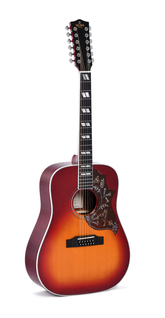 Modèle DM12-SG5, Dreadnought 12 cordes, table épicéa massif, f/e acajou, touche micarta, EQ Fishman, cherry sunburst