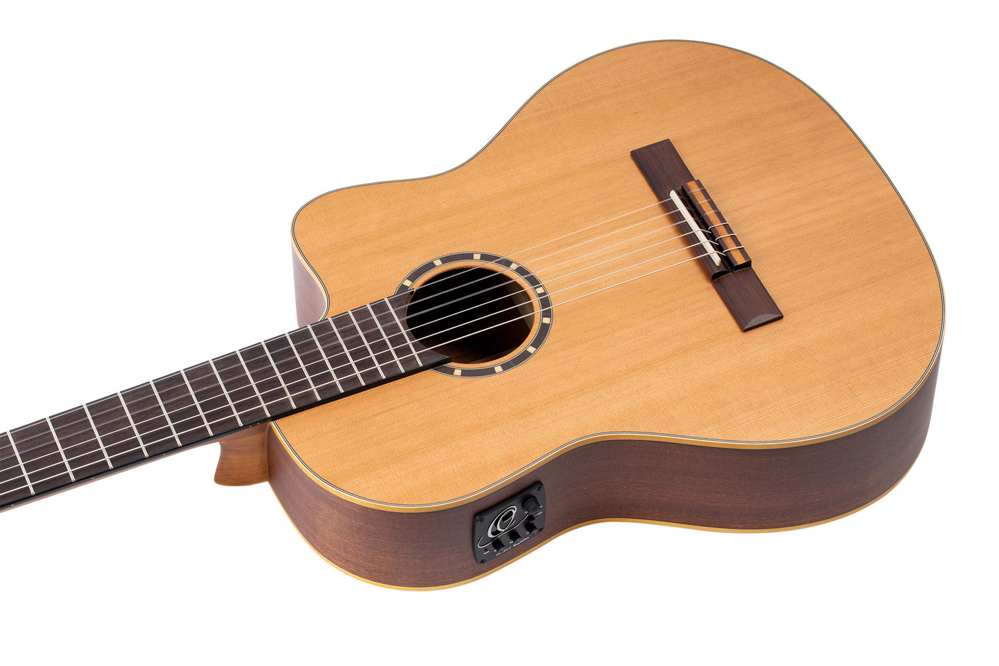 RCE131, pan coupé, EQ MagusPro, table cèdre rouge massif, fond & éclisses acajou, manche acajou (sillet 52 mm), housse, naturel