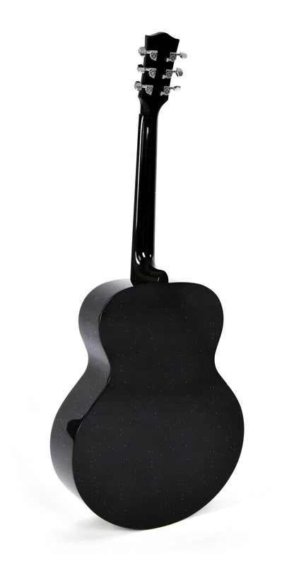 Modèle GJM-1E, Grand Jumbo, table épicéa massif, f/e acajou, touche micarta, EQ Fishman, noir pailleté