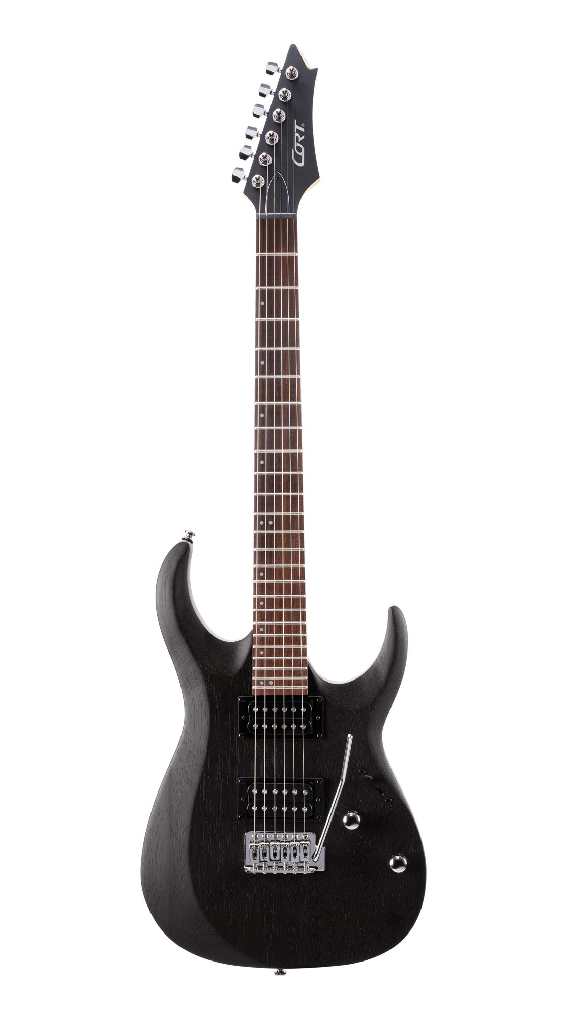 X100, corps meranti, manche érable, touche jatoba, trémolo 6 points, 2 doubles Powersound, noir pores ouverts