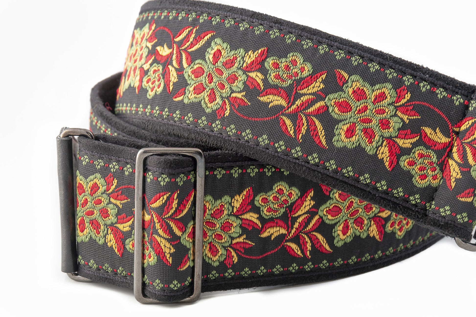 Courroie modèle ROSES II, tissu Jacquard, largeur 6 cm, longueur 90 à 150 cm, porte-médiators intégré, noir