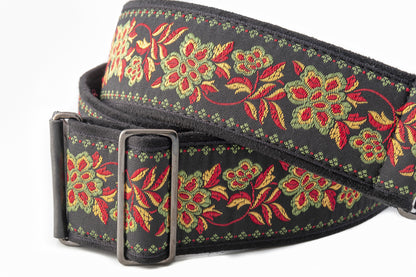 Courroie modèle ROSES II, tissu Jacquard, largeur 6 cm, longueur 90 à 150 cm, porte-médiators intégré, noir