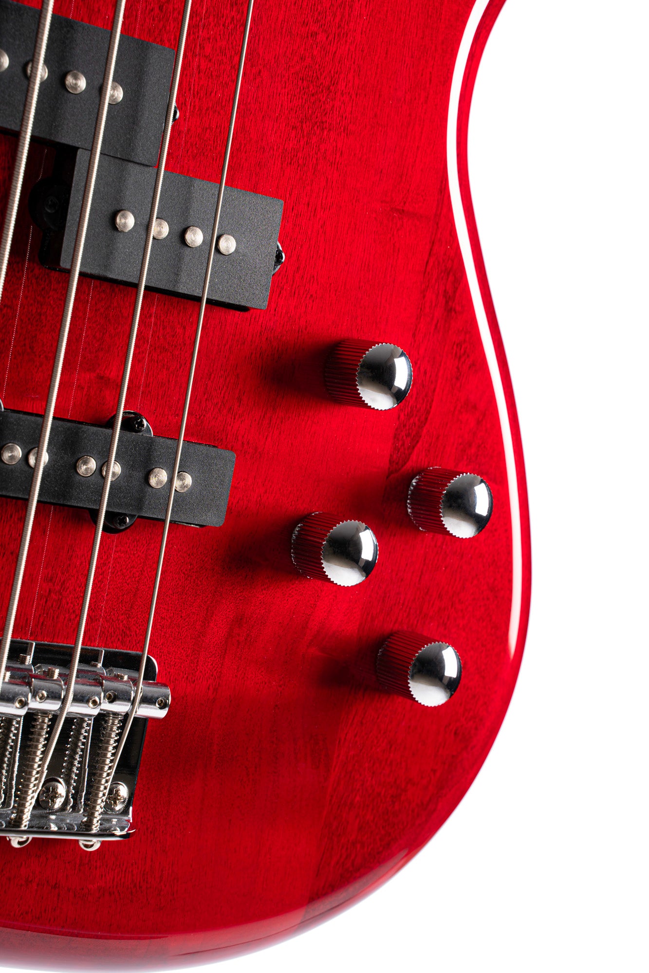 Action Plus, 4 cordes, corps peuplier, micros PJ Powersound, EQ active 2 bandes, rouge translucide