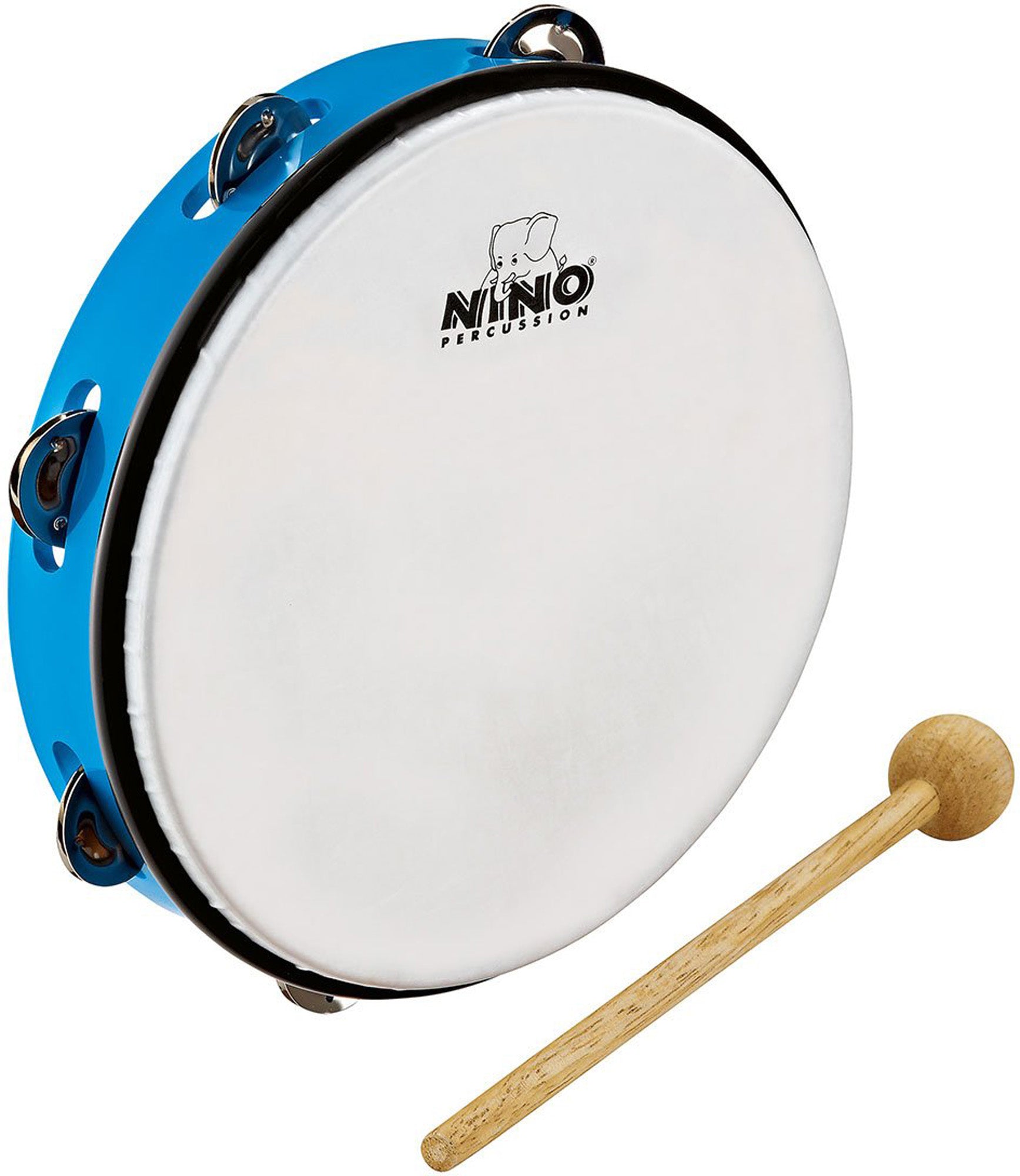 Tambourin 10" cadre en plastique ABS, peau synthétique, cymbalettes nickelées, avec mailloche bois, bleu ciel
