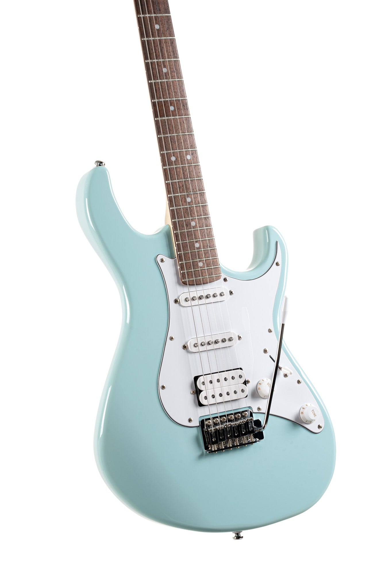 G200, corps peuplier, manche érable, touche jatoba , 2 micros simples et 1 double Powersound, plaque blanche, bleu ciel