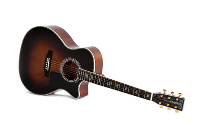 Modèle SGMC-41E-SB, Grand OM pan coupé, table épicéa massif, f/e acajou massif, touche ébène, EQ LR Baggs, soft case, sunburst