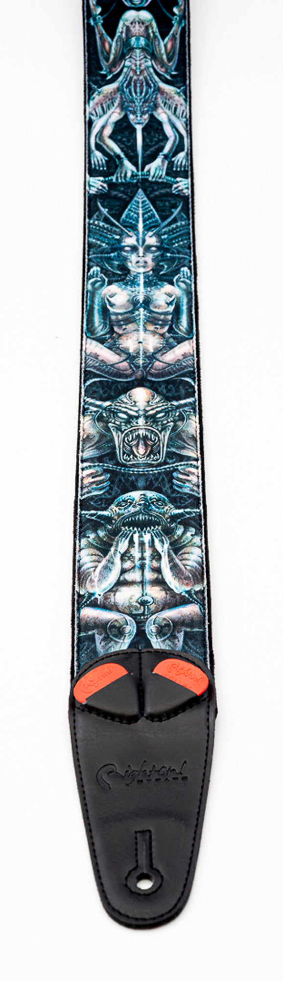 Courroie modèle SEVEN, extérieur tissu, largeur 6 cm, longueur 100 à 145 cm, porte-médiators intégré, unic (sept péchés)